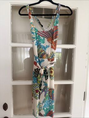 Trina Turk White Multicolor Floral-Print Midi Dress